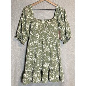 NWT Inspired Hearts Womens Sz M Green Floral Puff Sleeve Summer Sun Dress
